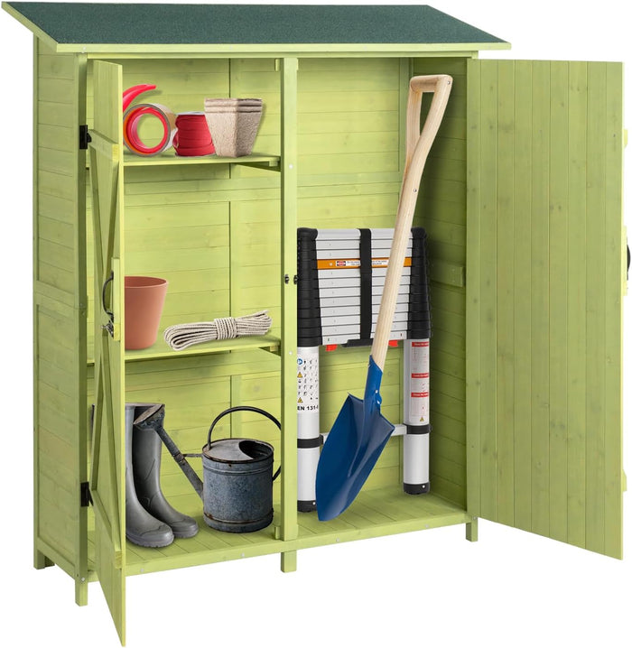 Outvita Outdoor Storage Cabinet with Waterproof Roof, Double Lockable Doors Garden Shed with 2 Removable Shelves, Wooden Storage Shed with Large Storage Space for Yard Garge Patio Deck Porch(Green)