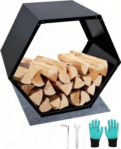 Firewood Log Rack, Steel Firewood Holder Hexagon for Outdoor/Indoor, Black