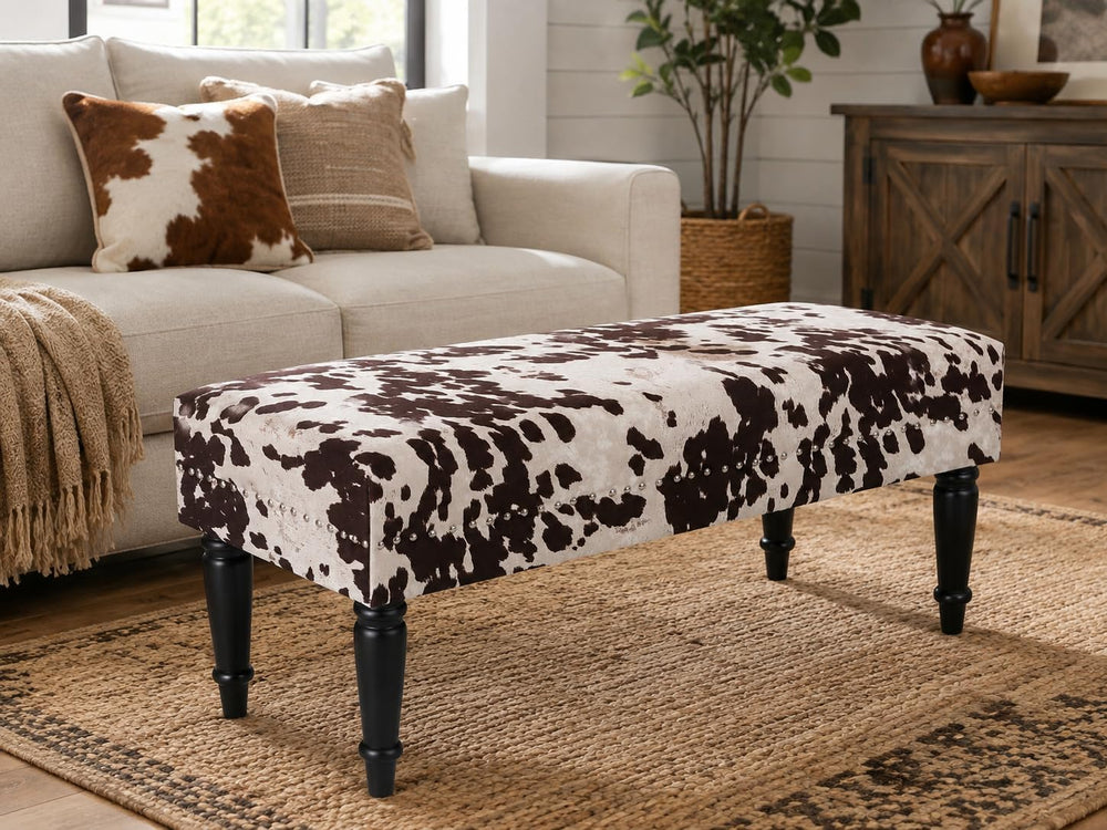 Homebeez 39.4" Cow Print Bench, Upholstered Bedroom Cowhide Bench, Weste...