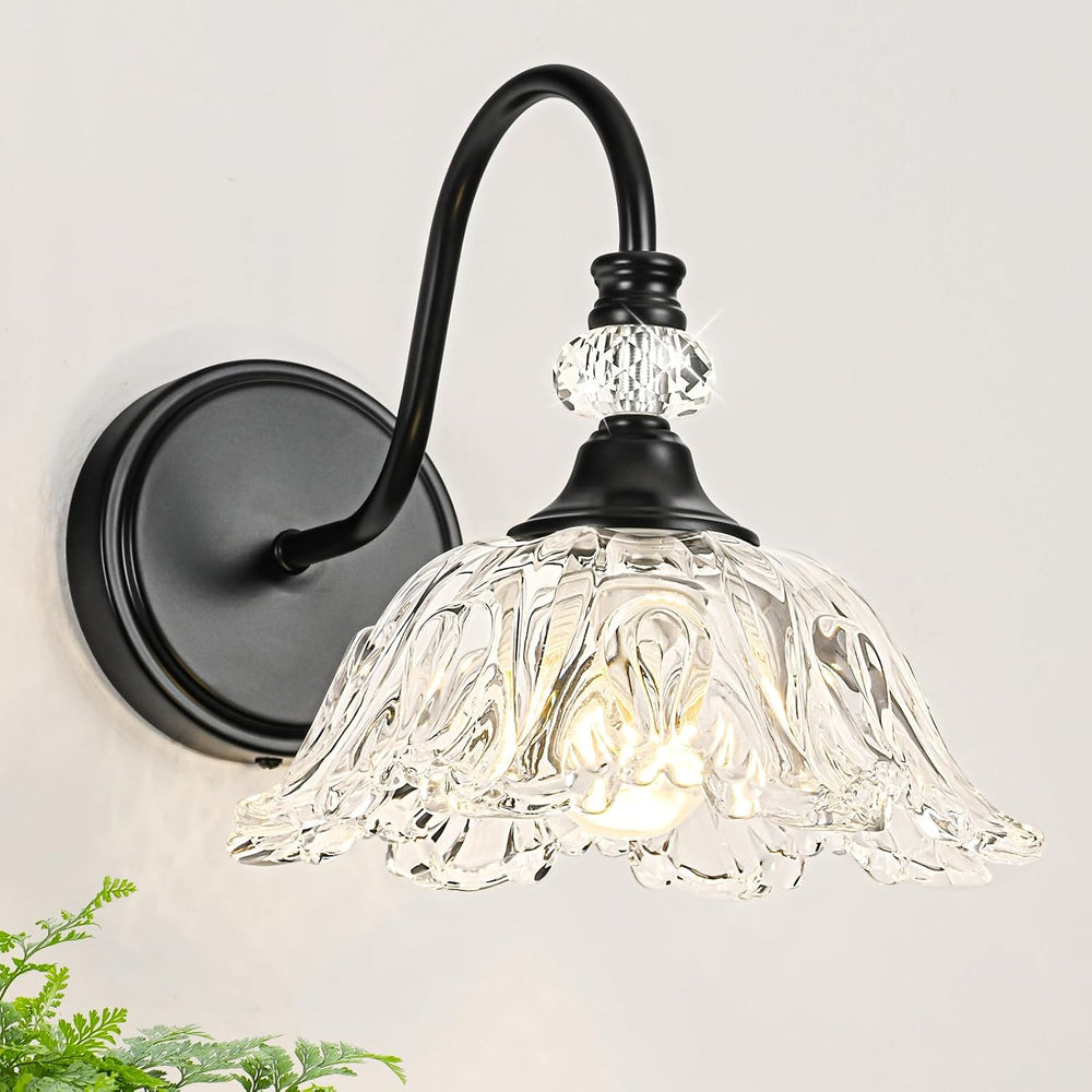 1 Piece Black Wall Sconce with Floral Clear Glass Shade, Black Farmhouse Wall...