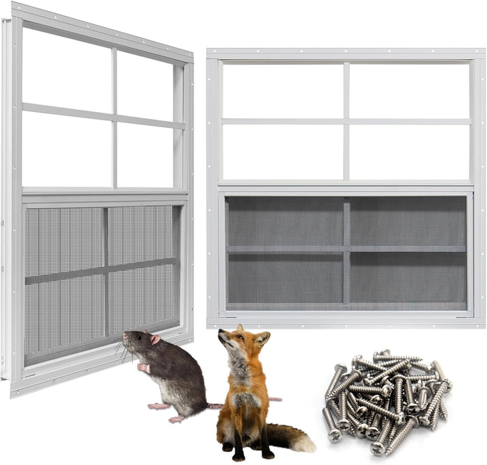NeatiEase Upgraded Shed Windows 2 Pack, 30" x 30" Windows with Tempered Glass and Stainless Steel Screen for Shed, Chicken Coop, Playhouse, Household, Garage(White)