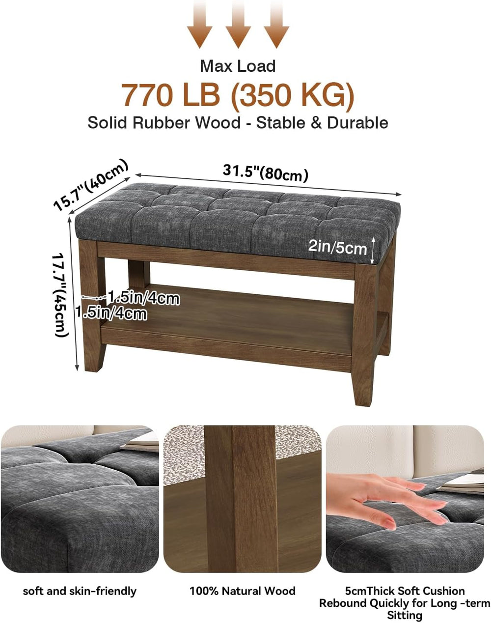 ABHENG Solid Rubber Wood Shoe Bench, Soft Chenille Material Upholstered Seat,...