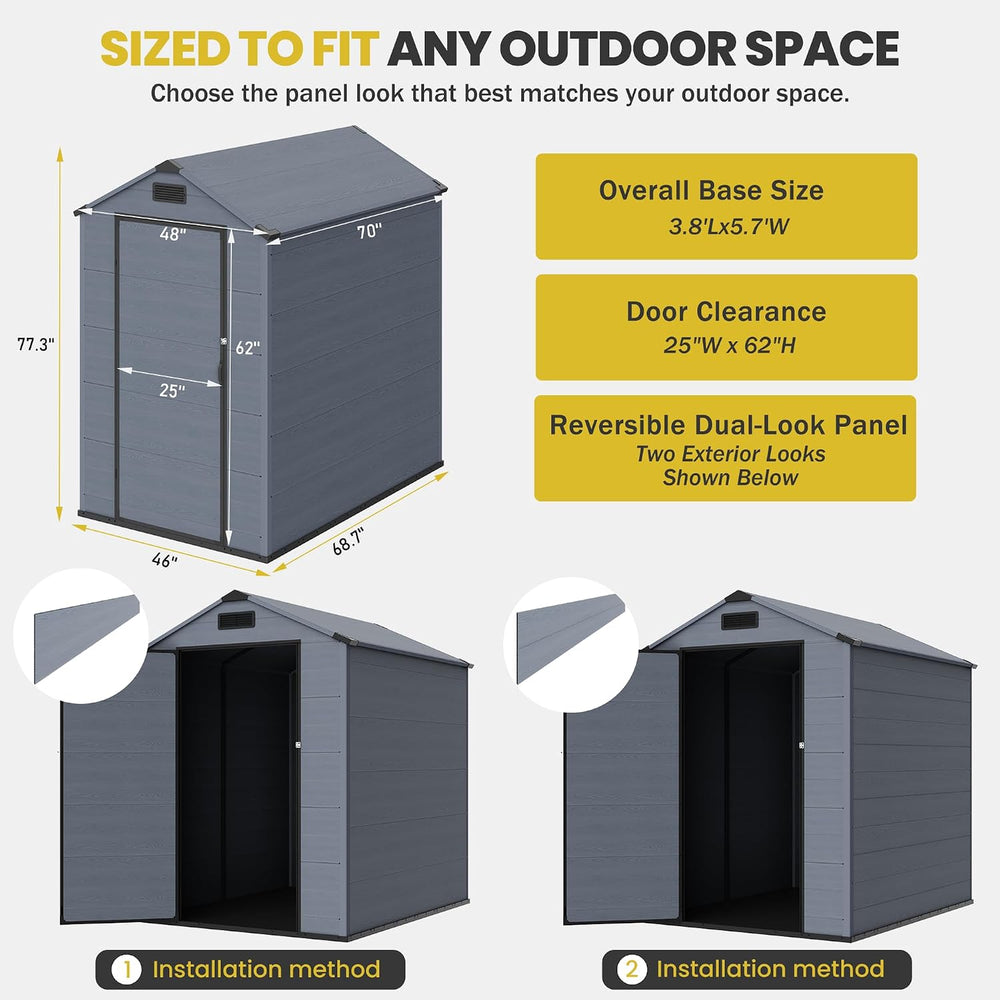 MNLR 4x6 FT Resin Outdoor Storage Shed with Floor & Dual-Look Plastic Panel
