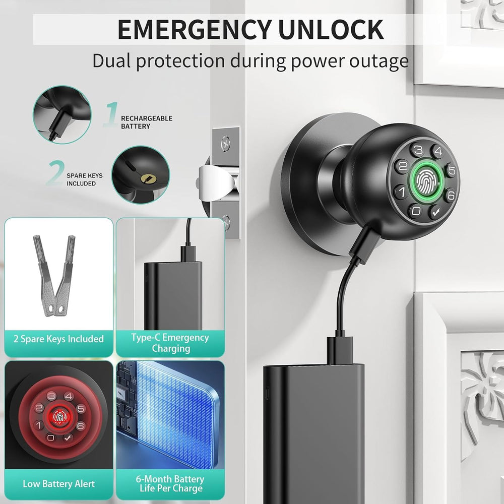 Fingerprint Door Lock Biometric Keypad Smart Door Knob | Bedroom Passcode Han...