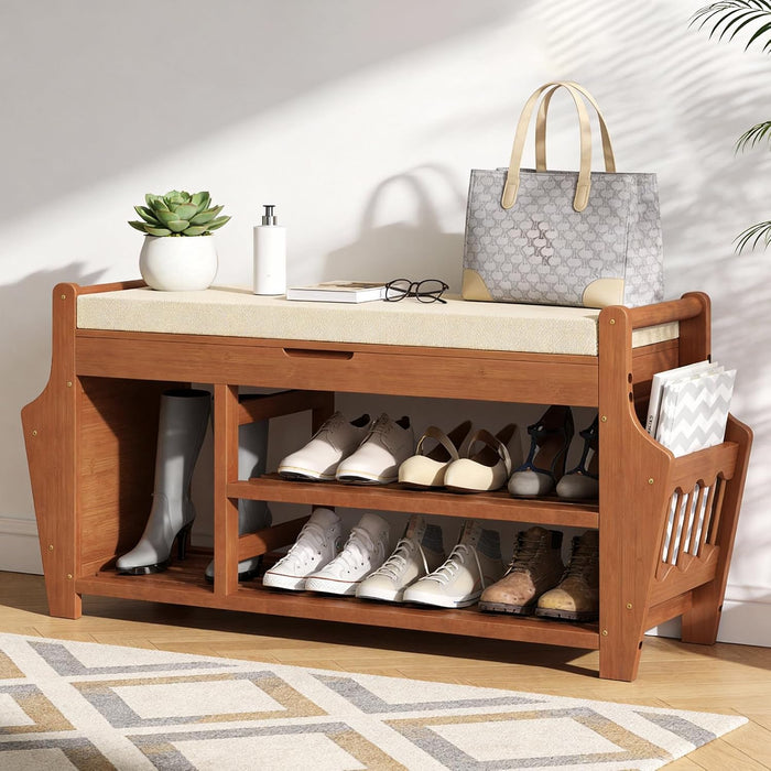 47.2in Shoe Bench Entryway - Bamboo Shoe Rack Bench with Storage, Shoe Rack