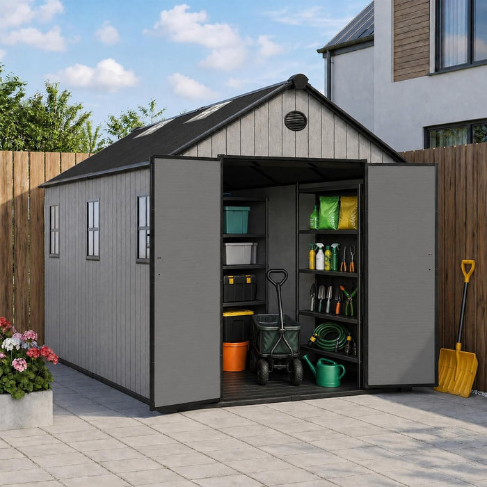 ZYJOYY Outdoor Storage Shed 8x12 FT with Floor, 16mm Resin Tool Shed, Grey