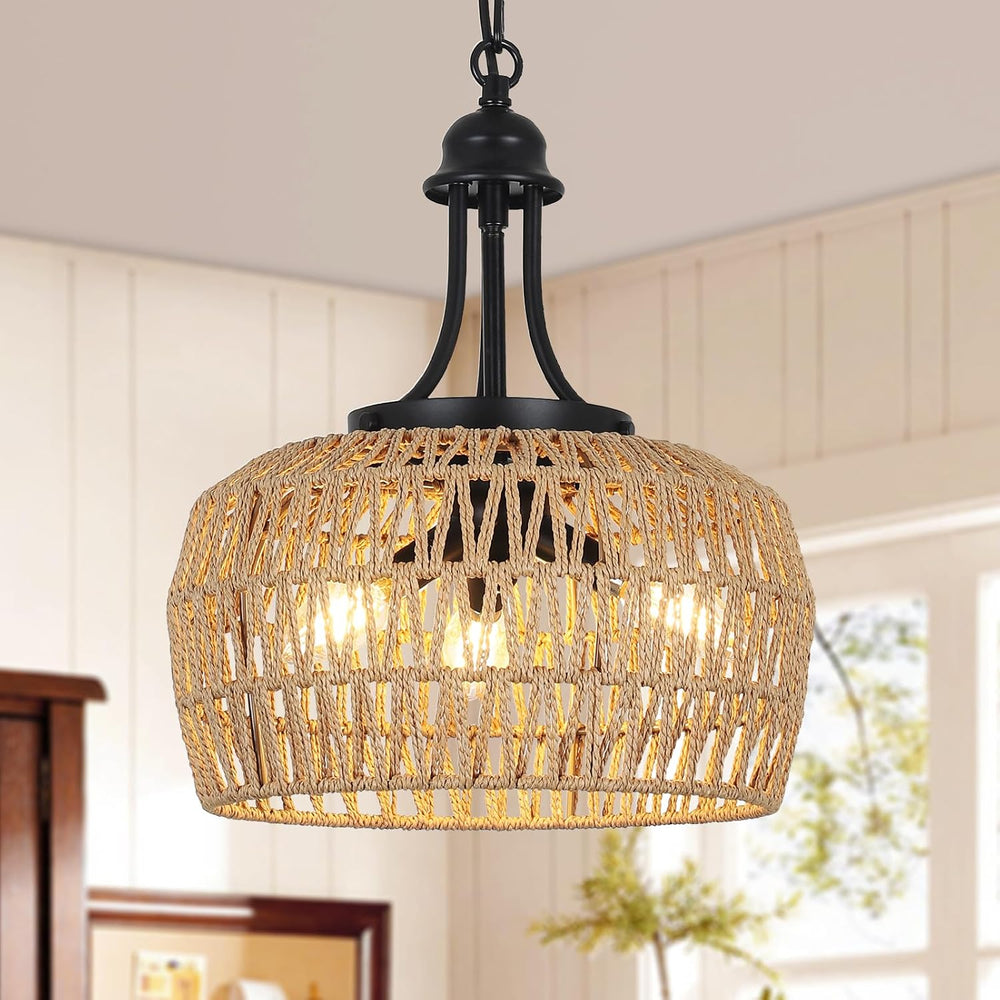 HMVPL Farmhouse Chandelier for Dining Room, 3-Light Boho Rattan Chandelier Li...