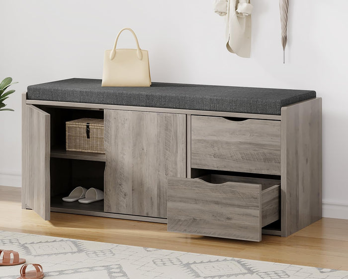 LVB 2-Tier Storage Bench with Padded Cushion, Entryway Bench with 2 Drawers