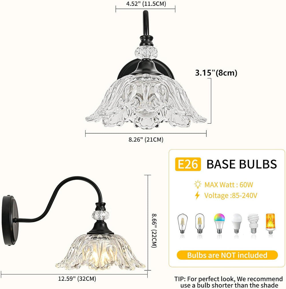 1 Piece Black Wall Sconce with Floral Clear Glass Shade, Black Farmhouse Wall...