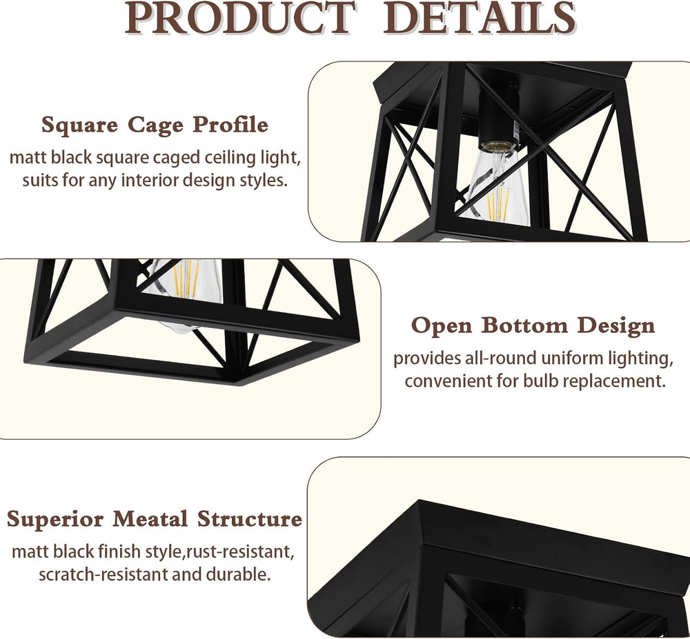 1 Light Black Industrial Flush Mount Ceiling Light Fixture - Square Farmhouse...