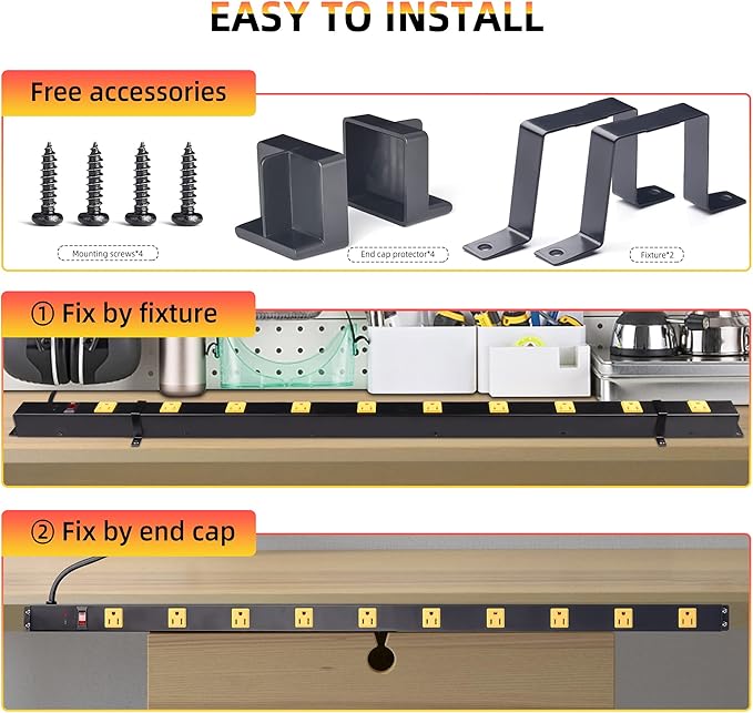 10 Outlet Long Power Strip Surge Protector, Heavy Duty Industrial Metal Power