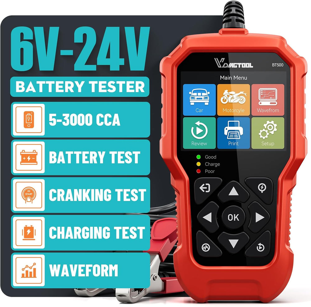 Car Battery Tester 6V 12V 24V VDIAGTOOL BT500, 5-3000 CCA Battery Load Tester