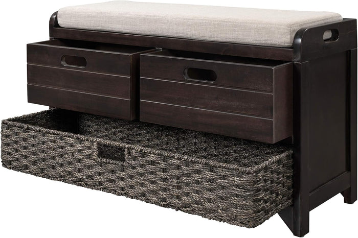 Knocbel Farmhouse Storage Bench with 2 Drawers, Removable Cushion and Wicker Basket, Bedroom Living Room Bench for Small Spaces, Fully Assembled (Espresso)