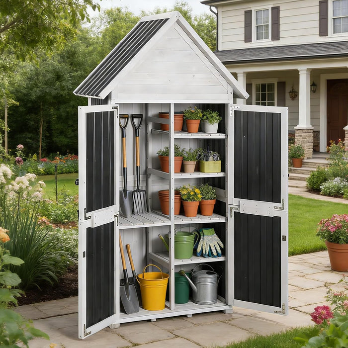 GUTINNEEN Outdoor Storage Shed with All Around Strong Metal Frame, Wooden Tool House with Floor & Adjustable Shelves, Garden Tool Sheds Cabinet for Backyard Garden Patio Lawn 67.1" H (Black&White)