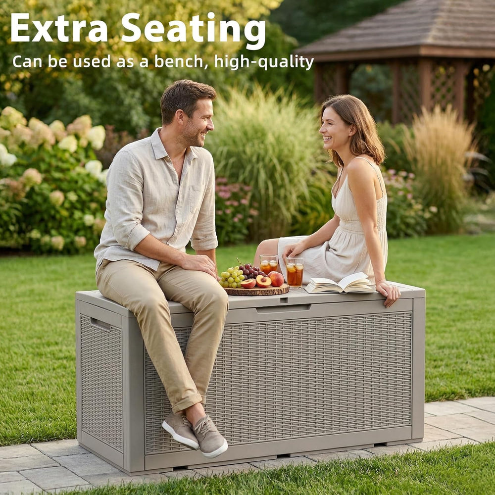 155Gal Outdoor Storage Box, Lockable Grey Deck Box with Hydraulic Lid