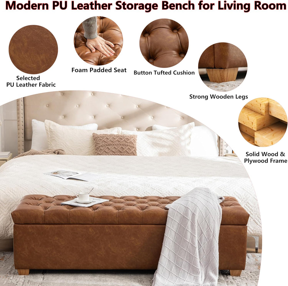 60.2" Storage Ottoman Bench for Bedroom Bed End,Brown PU Leather Bench w...