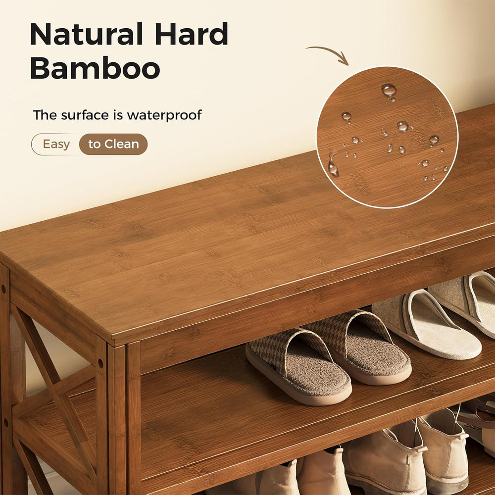 Bamworld Shoe Rack Bench with Storage 3 Tier Bamboo Shoe Bench Entryway Rusti...