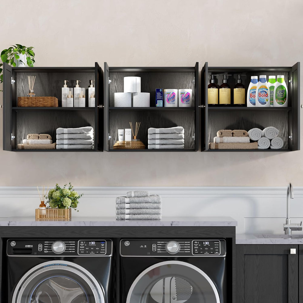 Furnaza Set of 3 Rattan Wall Cabinet for Laundry Room with Adjustable Shelf