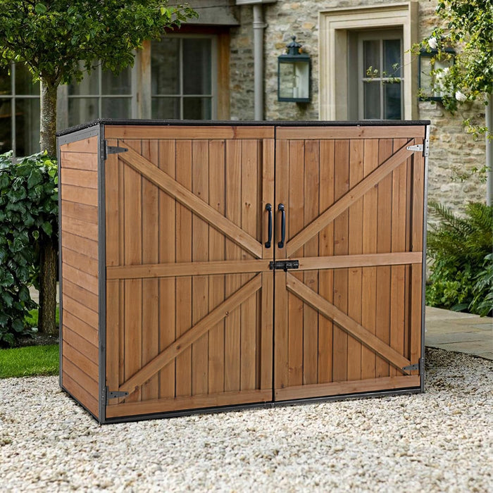 GUTINNEEN Outdoor Storage Shed,Wood & Metal Vertical Cabinet with Waterproof Roof,Small Shed for Garden,Garbage Can,Bike,Tool