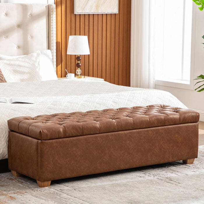 60.2" Storage Ottoman Bench for Bedroom Bed End,Brown PU Leather Bench with Seating,Button Tufted Ottomans with Storage for Living Room,Bedside,Entryway (Brown, 60.2")