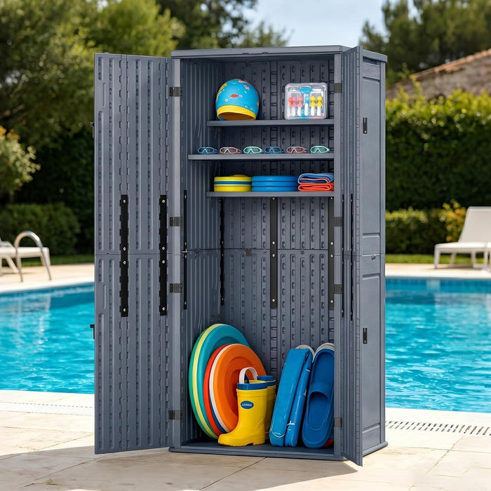 ZYJOYY Outdoor Storage Cabinet with 4 Shelves, 31.5" x 23.23" x 66.22" Grey Waterproof Resin Vertical Tool Shed, Lockable 30 cu.ft. Storage Shed for Patio, Garden, Yard