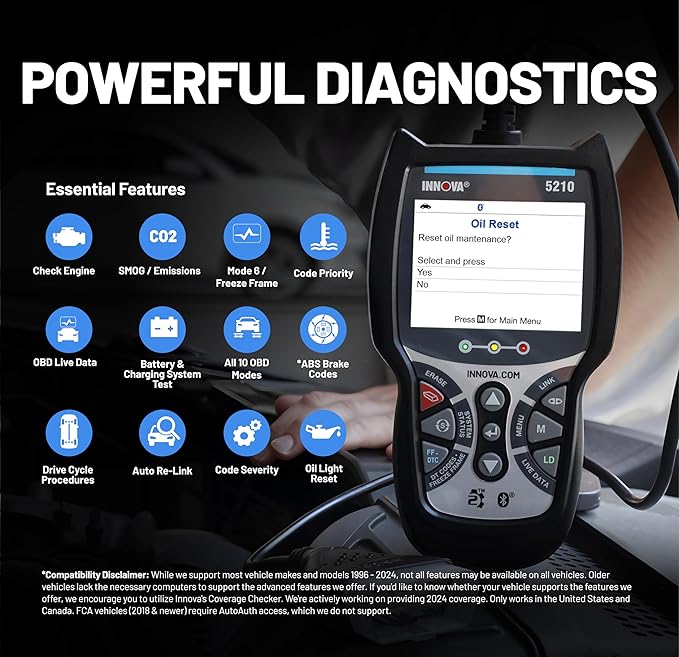 Innova 5210 OBD2 Scanner & Engine Code Reader, Battery Tester, Live Data