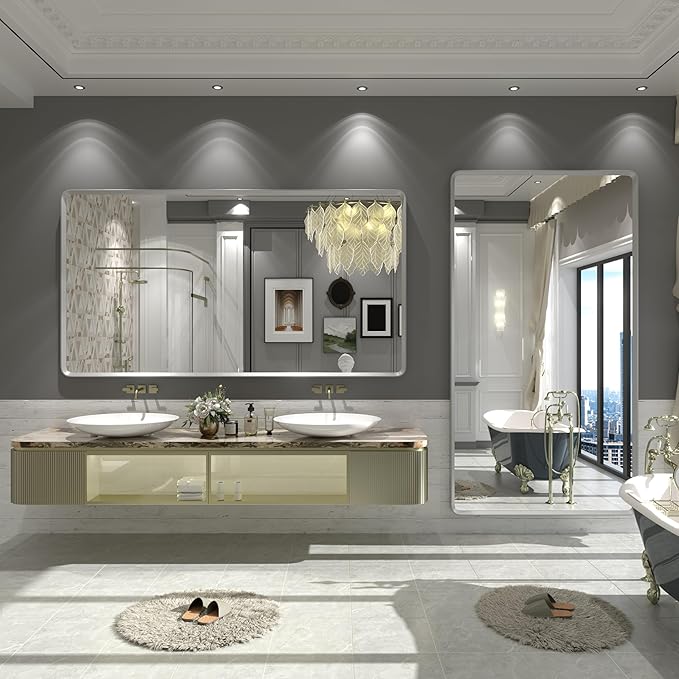 55x30 Silver Bathroom Mirror, Brushed Silver Vanity Mirror
