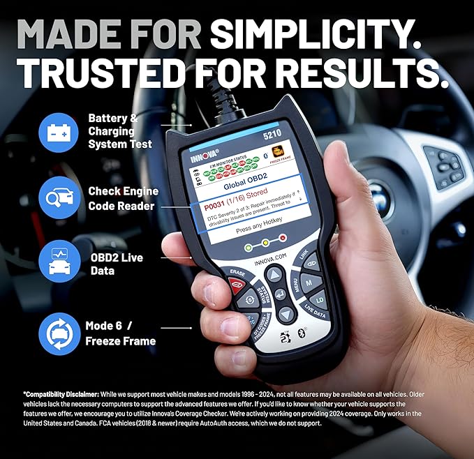 Innova 5210 OBD2 Scanner & Engine Code Reader, Battery Tester, Live Data