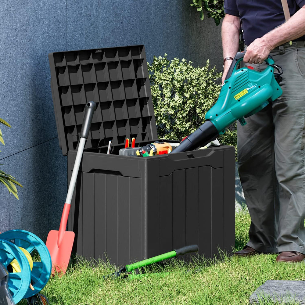 Greesum 100 & 31 Gallon Black Resin Lockable Deck Boxes for Outdoor Storage