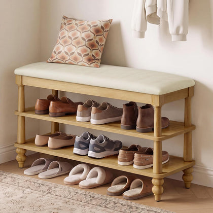 VASAGLE 2-Tier Shoe Bench, Wooden Entryway Bench, 31.5 Inches Width