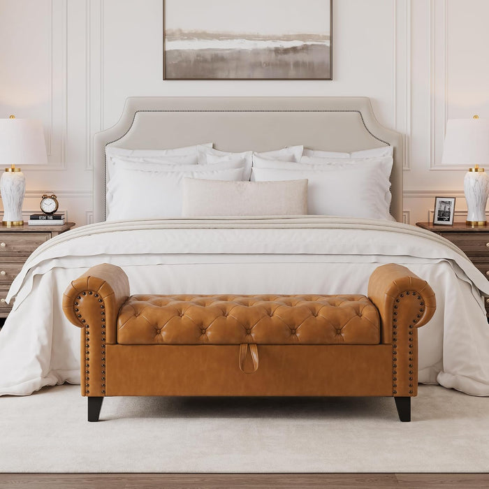 51 Inch Faux Leather Storage Bench with Rolled Arms, Chesterfield Tufted Ottoman Bench with Nailhead Trim, Upholstered End of Bed Bench for Bedroom, Entryway and Living Room, Camel Brown