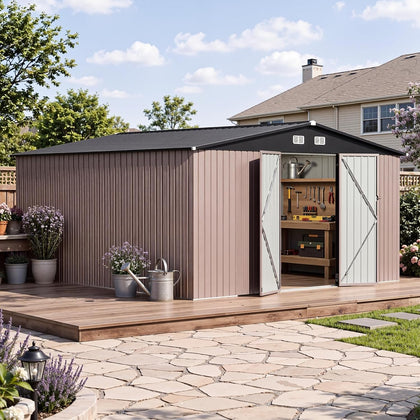 Aoxun 14x12 FT Outdoor Storage Shed with Lockable Double Doors, Brown