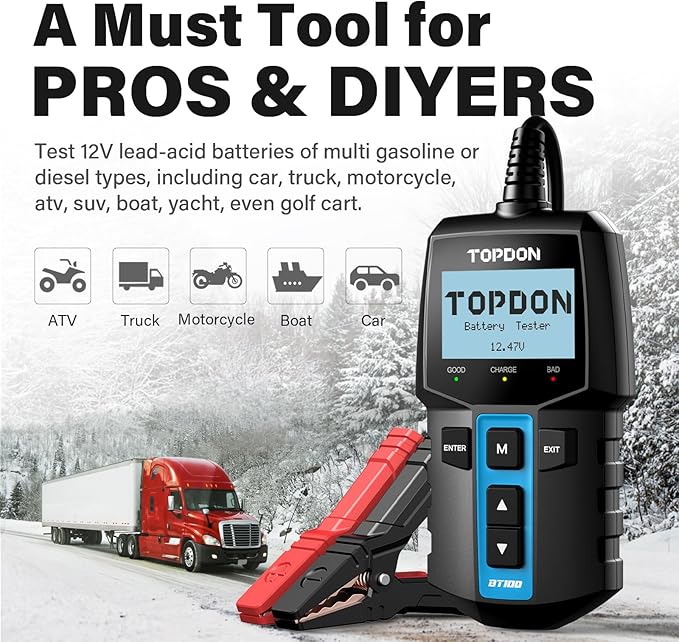 TOPDON BT100 Car Battery Tester 12V Load Tester, 100-2000 CCA Automotive