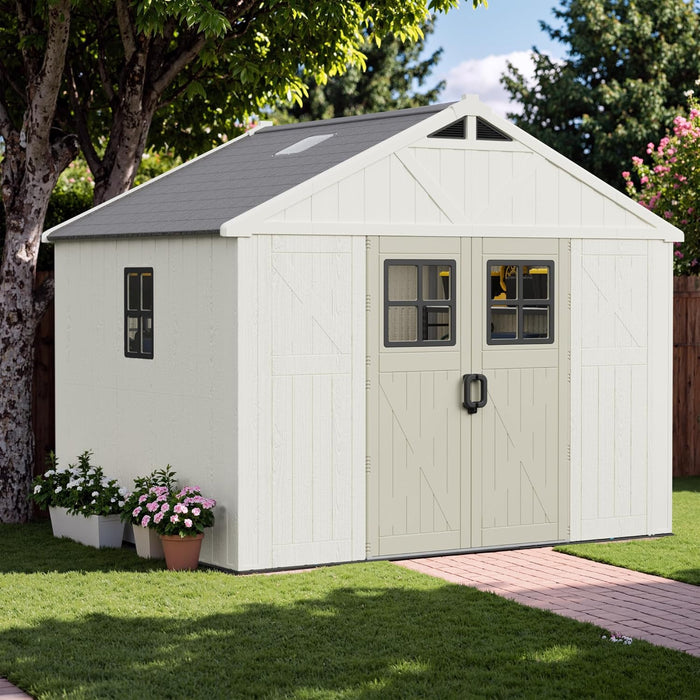 Greesum 10x8FT Resin Outdoor Storage Shed with Floor, Plastic Sheds, Beige