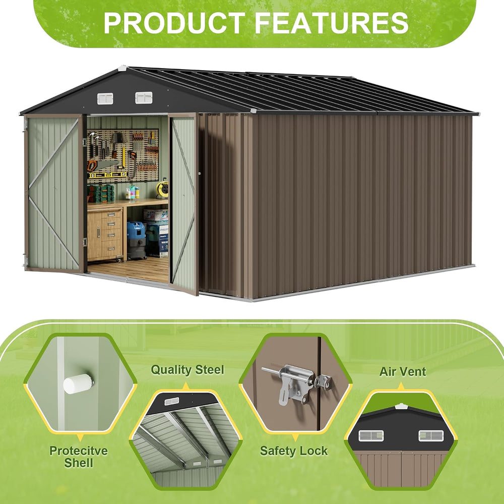 JUMMICO 10 x 8 FT Outdoor Storage Shed, Large Metal Garden Shed & Tool Sh...