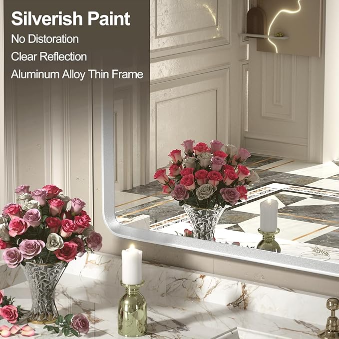 55x30 Silver Bathroom Mirror, Brushed Silver Vanity Mirror