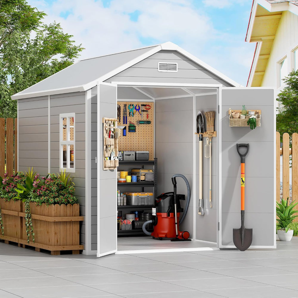 PIPLEO 6x8 FT Resin Outdoor Storage Shed with Floor, Plastic Garden Storage S...