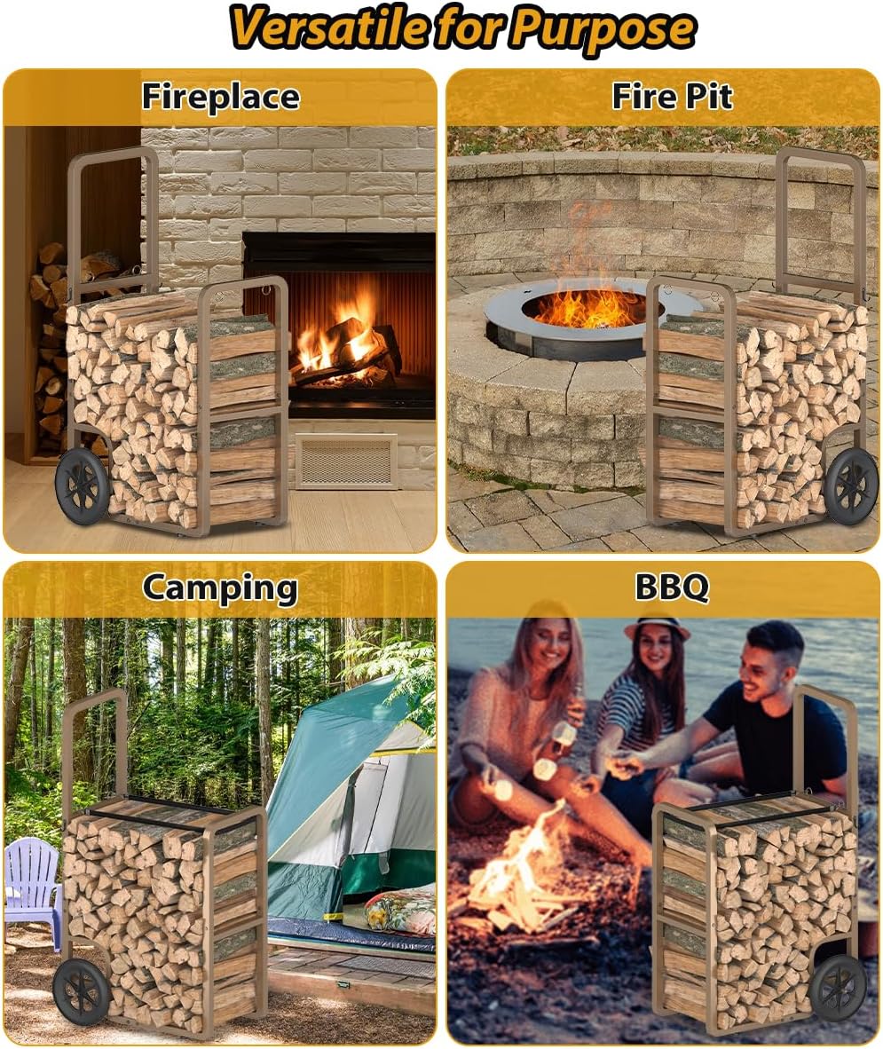 Easy-Assembly Firewood Cart, Rolling Log Carrier for Outdoor & Indoor Use...