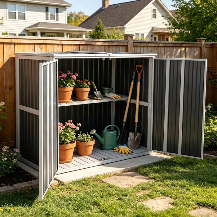 Outdoor Storage Shed 4.2x2.2FT with Metal Frame & Fir Wood, Weatherproof Resin Garden Shed for Patio Backyard, Horizontal Storage Cabinet with Adjustable Shelves &