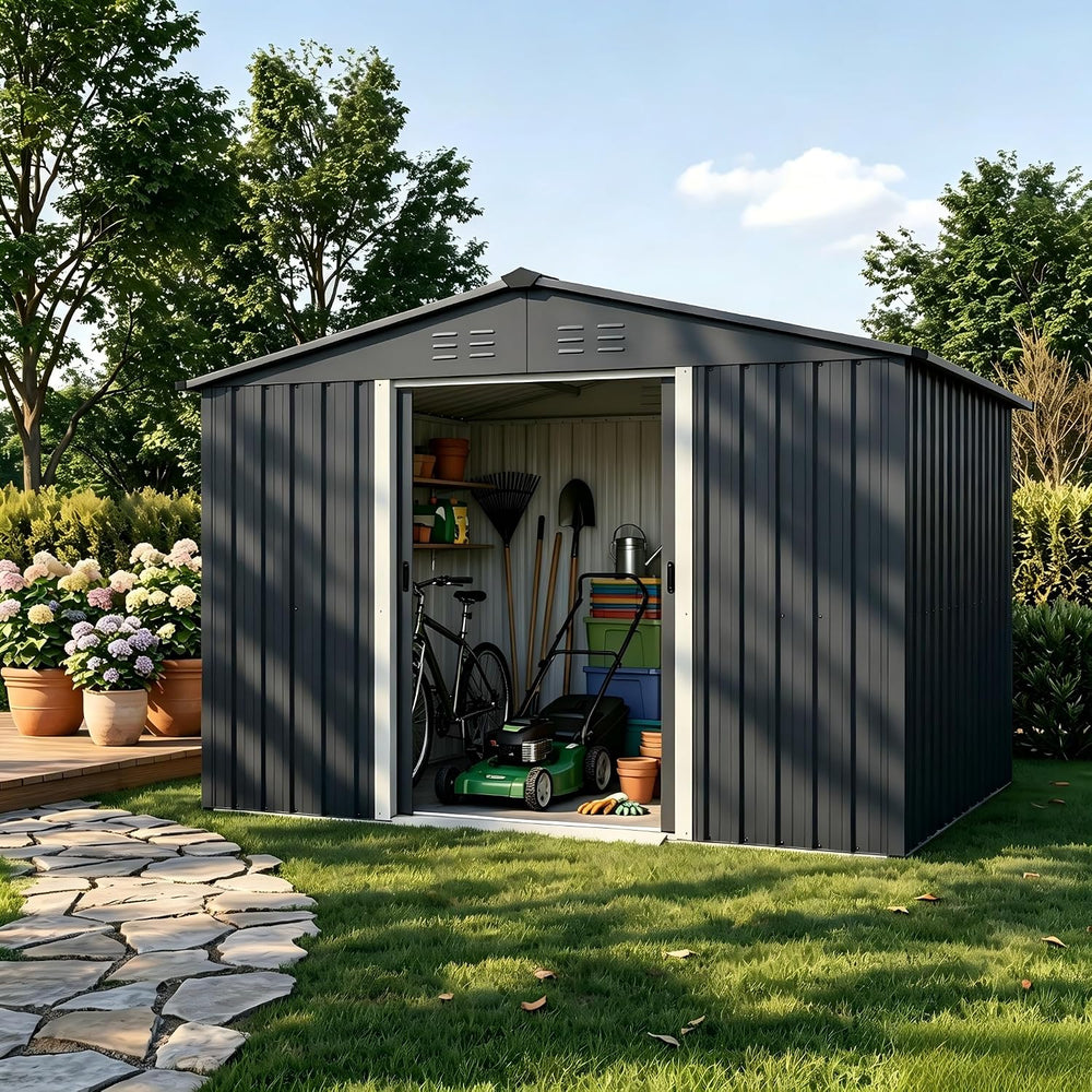 Crownland Outdoor Vented Backyard Garden Storage Shed 6X8 Feet Tool House wit...