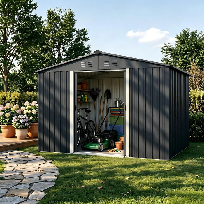 Crownland Outdoor Vented Backyard Garden Storage Shed 6X8 Feet Tool House with Double Doors Outdoor Lawn Steel Roof Sheds (Gray) Grey