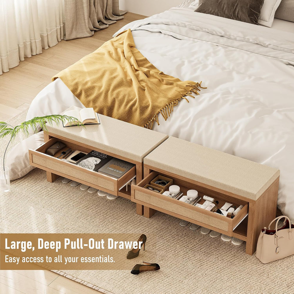 32” Shoe Bench with Storage Drawer, Farmhouse Entryway Bench with Linen Seat ...
