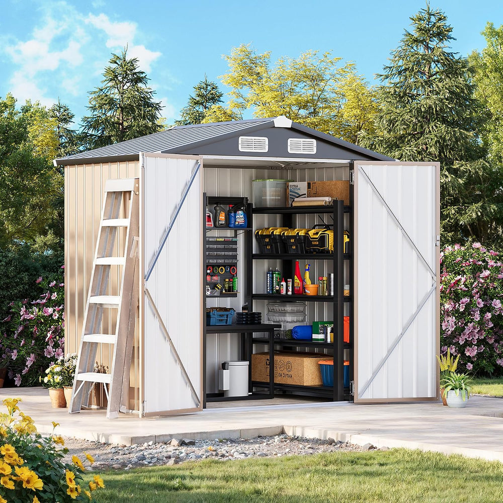 MXV 6x4 FT Outdoor Metal Storage Shed, Lockable Galvanized Steel Tool House w...