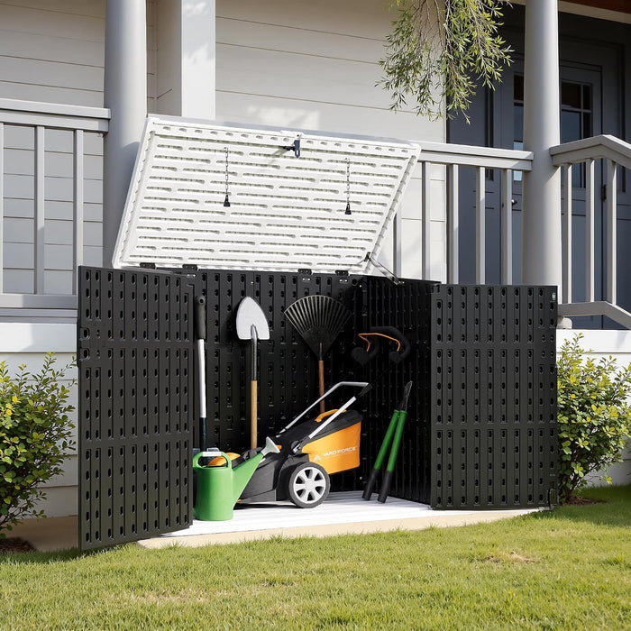 Greesum Outdoor Trash Can Storage Shed, 34 Cu.ft Waterproof Horizontal Storage Shed, Portable Horizontal Resin Storage Shed for Garden, Backyard, Patio, Dark Black