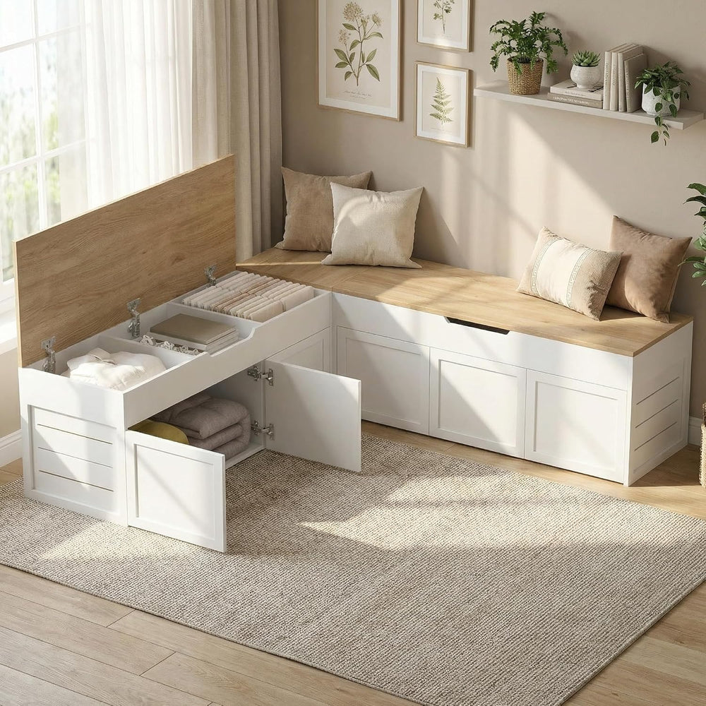 Kikihouse L-Shaped Corner Storage Bench, Backless Wood Bench, Wood