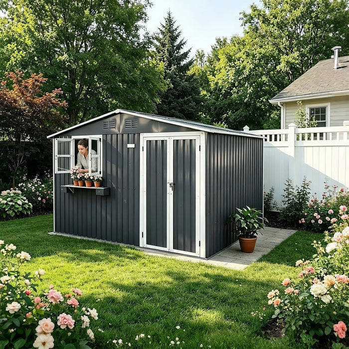 10x8 FT Outdoor Storage Shed with 2 Clear Windows, Metal Garden Shed with Flower Racks & Baskets, Outside Tool Shed with Lockable Double Doors, Waterproof Storage Building for Backyard, Coal Gray