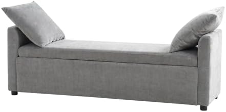 HULALA HOME 59" Storage Bench with 2 Throw Pillows & Armrests, Grey