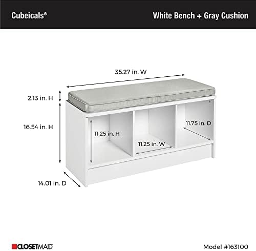 ClosetMaid 1631 Cubeicals 3-Cube Storage Bench, White with Gray Cushion