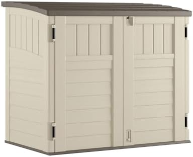 Suncast 34 Cu Ft Capacity Horizontal Outdoor Storage Shed for Garbage Cans, Garden Accessories, Backyard, and Patio Use, Vanilla