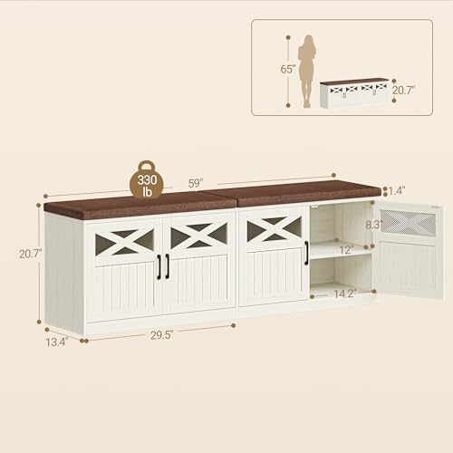 Hzuaneri 59" Shoe Storage Bench with 4 Barn Doors & Padded Seat Cushion